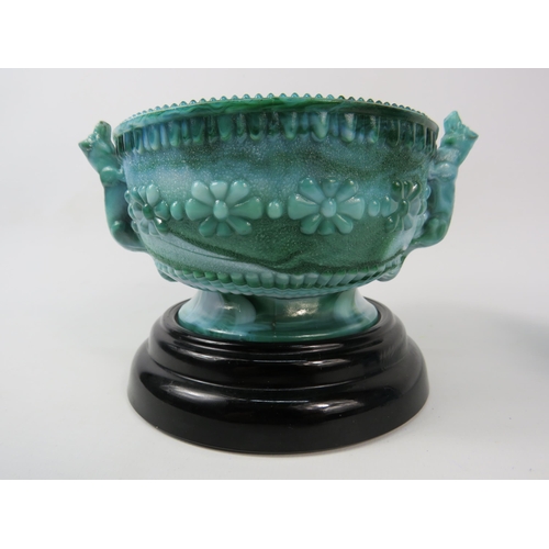 62 - Victorian green slag glass bowl with Dog handles by Henry Greener C1880s plus a Sowerby Tooth pick h... 