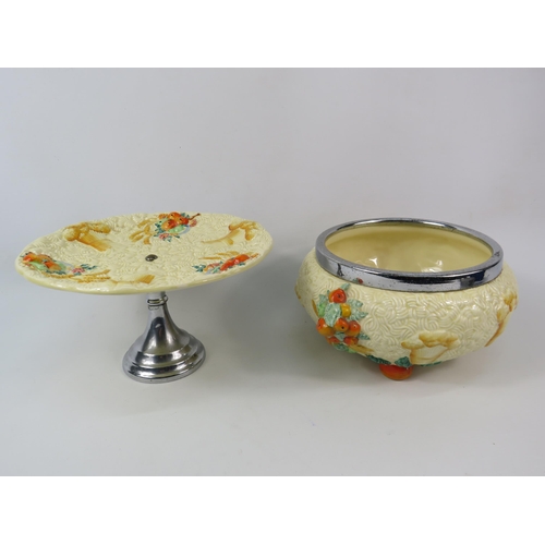 66 - Clarice Cliff Celtic Harvest large bowl and cake stand, the bowl has a diameter of 9.5