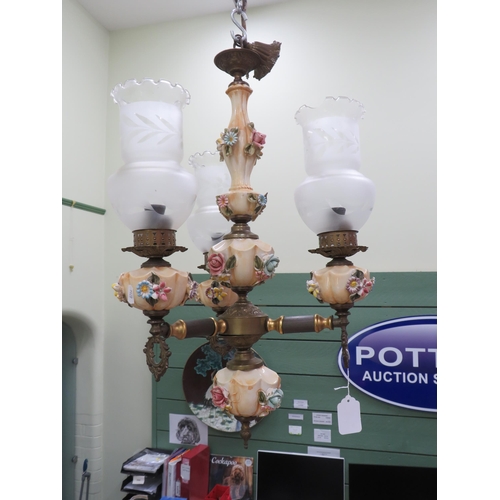 80 - Capodimonte ceramic and brass three arm chandelier. (Courier or Collection only)