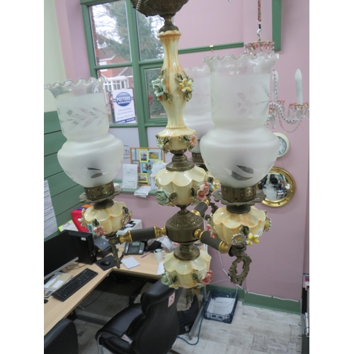 80 - Capodimonte ceramic and brass three arm chandelier. (Courier or Collection only)