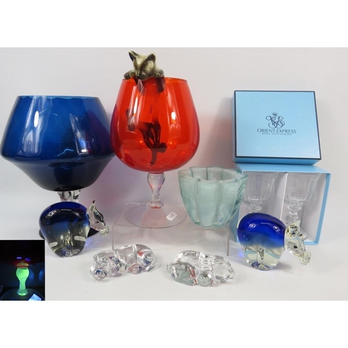 105 - Mixed art glass lot including Paperweights, Brandy balloons one with uranium glass stem, and a pair ... 