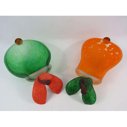 113 - Two large art glass bowls in the shape of fruit, the largest measures 12.5