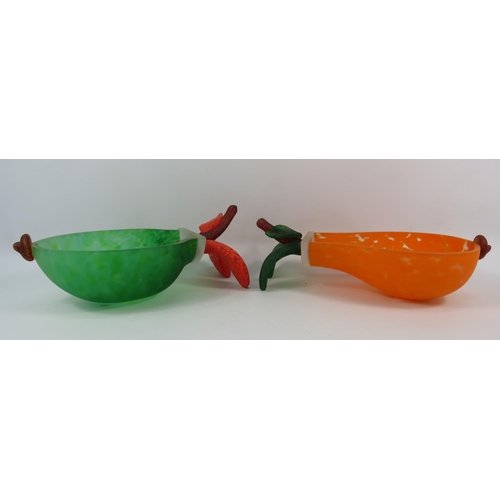 113 - Two large art glass bowls in the shape of fruit, the largest measures 12.5