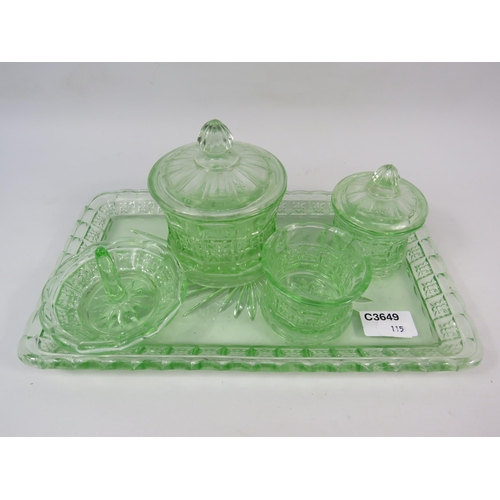 115 - Art Deco uranium glass dressing table set, the tray measures 12 1/4