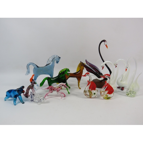 116 - Selection of art glass animals and birds including a Uranium murano glass horse.