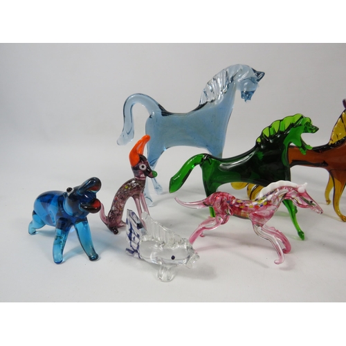 116 - Selection of art glass animals and birds including a Uranium murano glass horse.