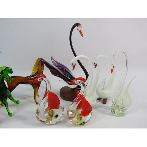 116 - Selection of art glass animals and birds including a Uranium murano glass horse.