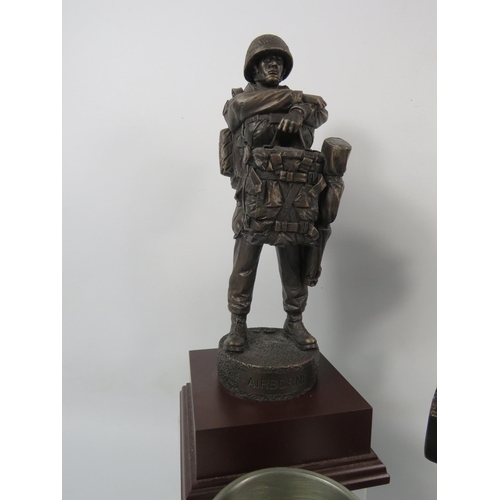 117 - Three Military Soldier statues, Gone but not forgotten, Airbourne etc plus a military presentation t... 