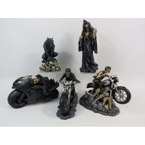 96 - Five Skeleton Gothic figurines by Nemesis Now and Alator including Hell on the Highway and Ride out ... 