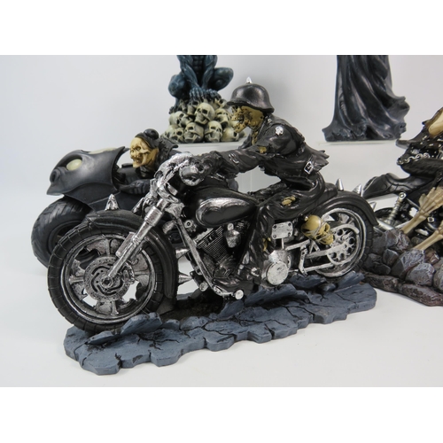 96 - Five Skeleton Gothic figurines by Nemesis Now and Alator including Hell on the Highway and Ride out ... 