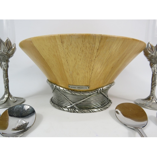 98 - Royal Selangor Sunflower champagne glass, wooden bowl and two sets of salad servers.