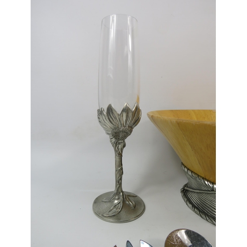 98 - Royal Selangor Sunflower champagne glass, wooden bowl and two sets of salad servers.