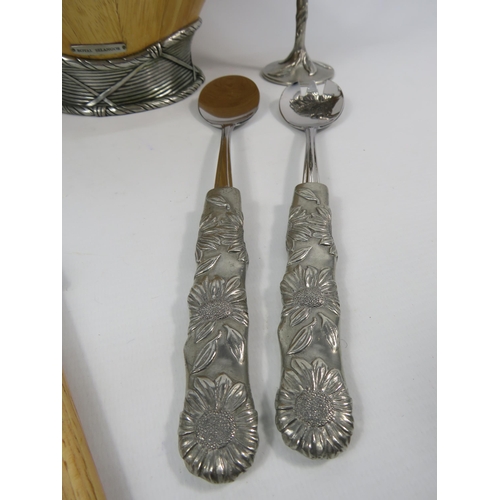 98 - Royal Selangor Sunflower champagne glass, wooden bowl and two sets of salad servers.