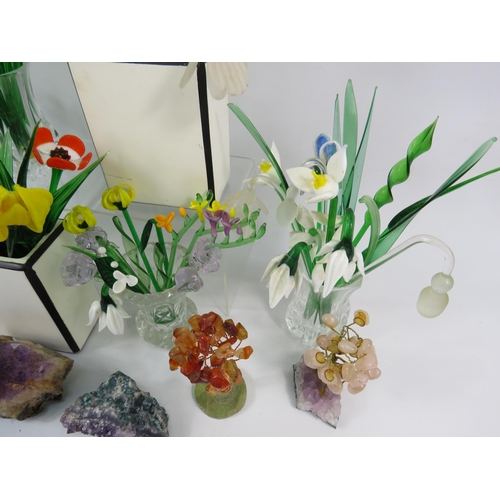 121 - Large selection of art glass flowers & some Amethyst quartz crystal.