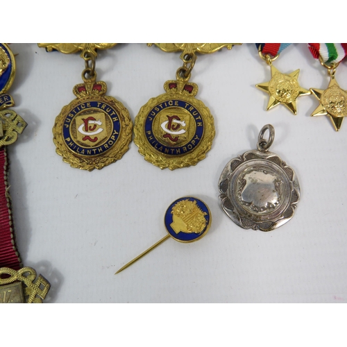 140 - Mixed lot to include RAOB Medals, Miniature military medals, and sterling silver fob.Total silver we... 