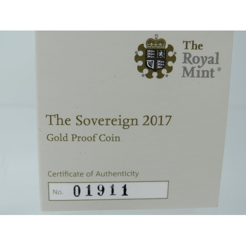 205 - Royal Mint 2017 Gold Proof Sovereign, Limited edition 01911/10,500, Comes complete with attractive P... 