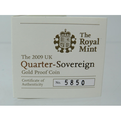 209 - Royal Mint 2009 Gold Proof Quarter Sovereign, Limited edition 5850/10,000, Comes complete with attra... 