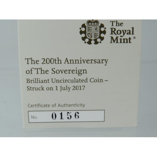 216 - Royal Mint 2017, 200th Anniversary of the Sovereign,  Gold Full Sovereign, in Brilliant, Uncirculate... 