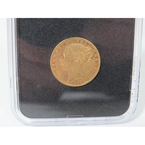 218 - 1869 Gold Sovereign. Queen Victoria, Young Head, Sheild Reverse in Fair to Fine condition.. Set in p... 