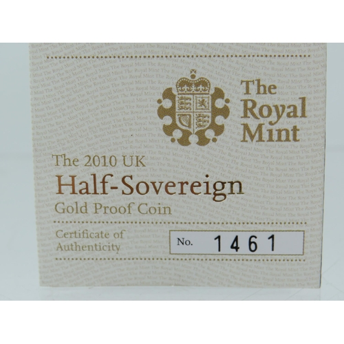 222 - Royal Mint 2010 Gold Proof Half Sovereign, Limited edition 1461/2,500, Comes complete with attractiv... 