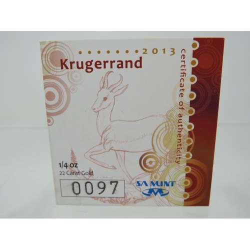 225 - Limited Edition (97/5,000) South African Mint 1/4 Oz 22ct Gold, Proof 2013 Krugerrand with original ... 