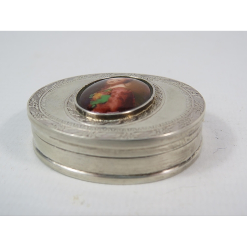 146 - Sterling silver pill box with ceramic cabochon, London 1999, 4cm by 4.5cm. 25.4 grams