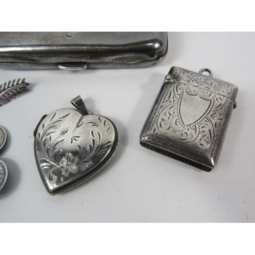 151 - Mixed sterling silver lot to include cigarette case, vesta etc plus a 835 silver locket and bakelite... 