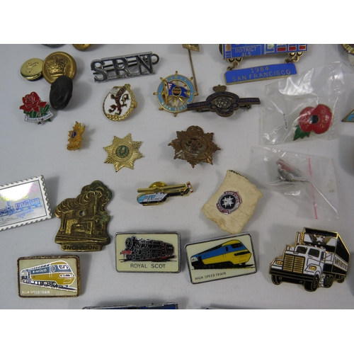 156 - Selection of various badges and buttons relating to the military, transport, bowling etc.