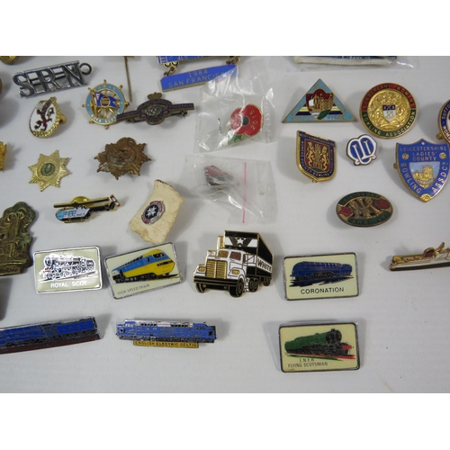 156 - Selection of various badges and buttons relating to the military, transport, bowling etc.