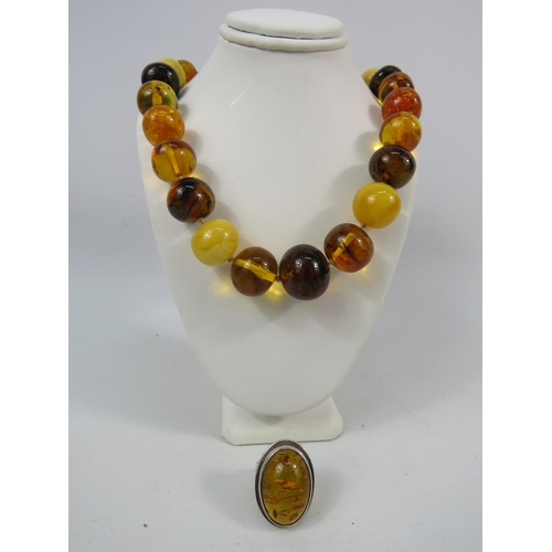 161 - Chunky Amber beaded necklace with sterling silver clasp plus a large sterling silver amber statement... 