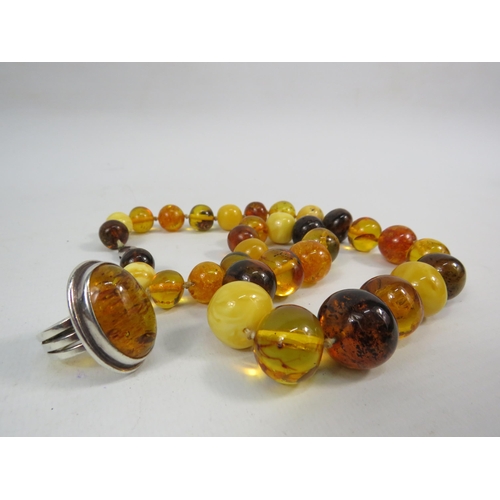 161 - Chunky Amber beaded necklace with sterling silver clasp plus a large sterling silver amber statement... 