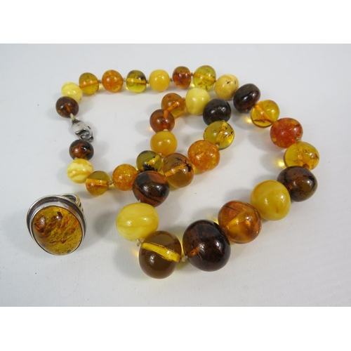 161 - Chunky Amber beaded necklace with sterling silver clasp plus a large sterling silver amber statement... 