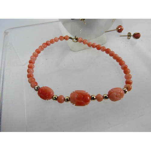 164 - Mixed jewellery lot to include a Coral bracelet with 9ct gold clasp, a pair of 9ct gold coral earrin... 