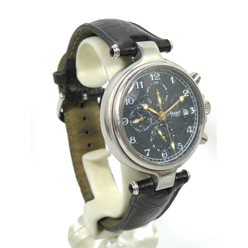 257 - Stauer 17 Jewel Chronograph with date window, Stainless Steel Case and (worn) leather strap. Watch i... 