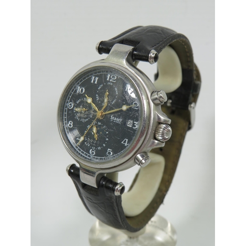 257 - Stauer 17 Jewel Chronograph with date window, Stainless Steel Case and (worn) leather strap. Watch i... 