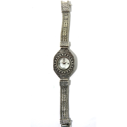 260 - EON 1962 Silver & Marcasite Ladies quartz watch with MOP Face, Swiss Movement.  925 marks to clasp. ... 