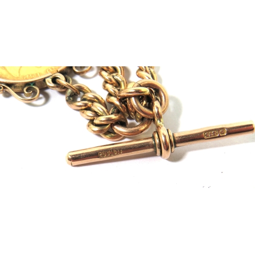 268 - Lovely Graduated Gold Watch Chain with Tee bar, Sovereign Fob with twin clasps and Tee bar. Each lin... 