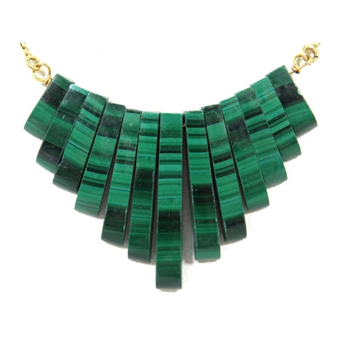 273 - Beautiful Bib necklace set with fronds of banded green Malachite and set on a 15 inch 18ct Yellow Go... 