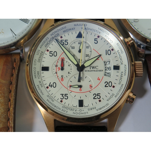 278 - Three International Watch Company Schafferhousen Automatic Chronograph watches. All with leather str... 