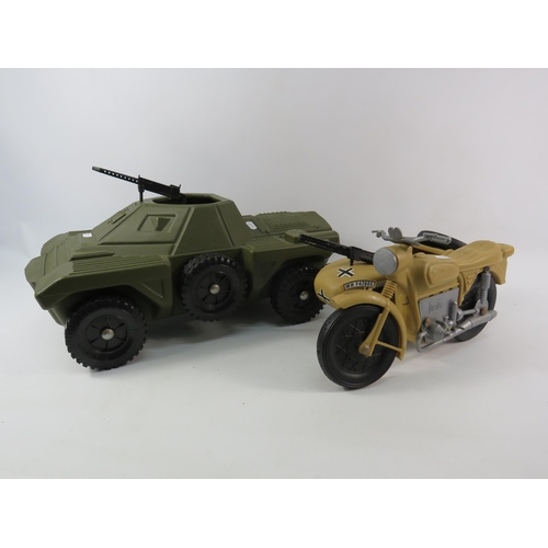 1056 - Vintage Action man Armoured scout vehicle and a Cherilea German motorcycle with side car.