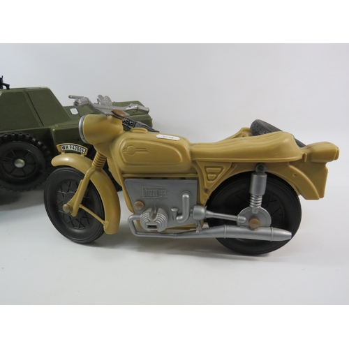 1056 - Vintage Action man Armoured scout vehicle and a Cherilea German motorcycle with side car.