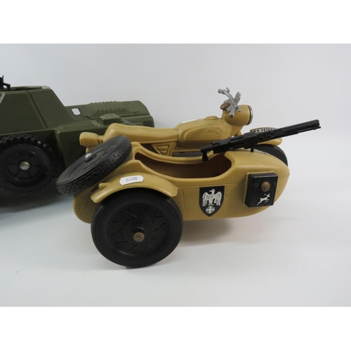 1056 - Vintage Action man Armoured scout vehicle and a Cherilea German motorcycle with side car.