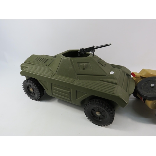 1056 - Vintage Action man Armoured scout vehicle and a Cherilea German motorcycle with side car.