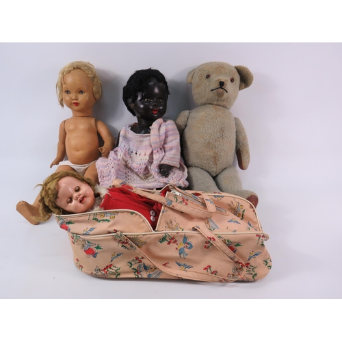 1059 - Three vintage dolls and a vintage teddy bear.