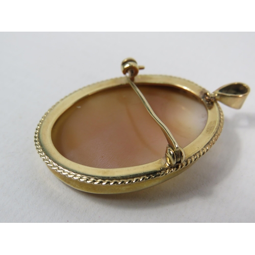 172 - Unmarked (chem tested) 9ct Yellow Gold Cameo Shell Brooch/Pendant which measures 35 x 28 mm. 7.8g to... 