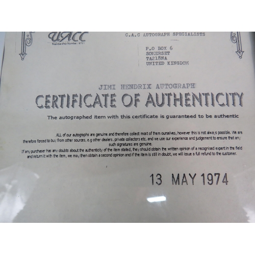 174 - Jimi Hendrix Autograph obtained on the 17th november 1967 at Sheffield city hall framed with certifi... 