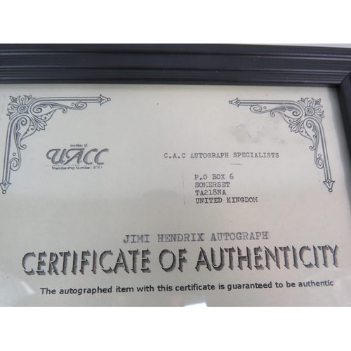 174 - Jimi Hendrix Autograph obtained on the 17th november 1967 at Sheffield city hall framed with certifi... 