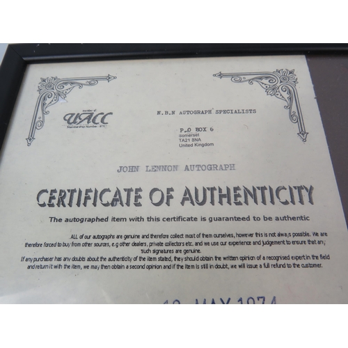 175 - John Lennon Autograph framed with certificate from N.B.N Augtograph specialists. (Dated 13 May 1974)