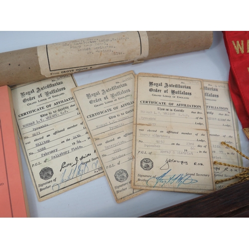 177 - RAOB Masonic medals, sash and ephemera plus a dispay case.