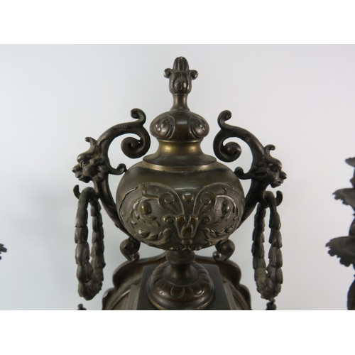 182 - Stunning French late 19th Century Bronze alloy Marti 8 day mantle clock with matching candelabras in... 